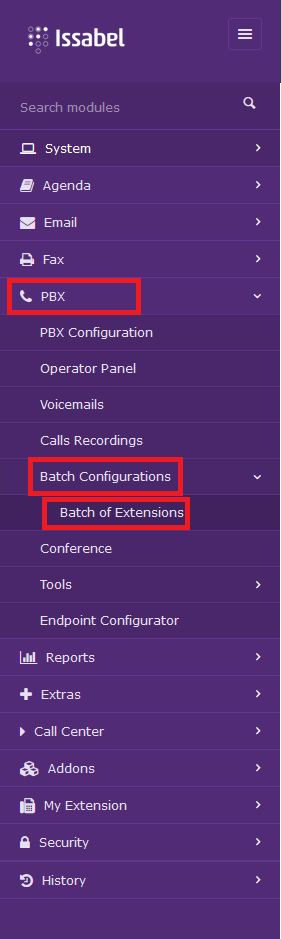 PBX -> Batch Configurations -> Batch of Extensions